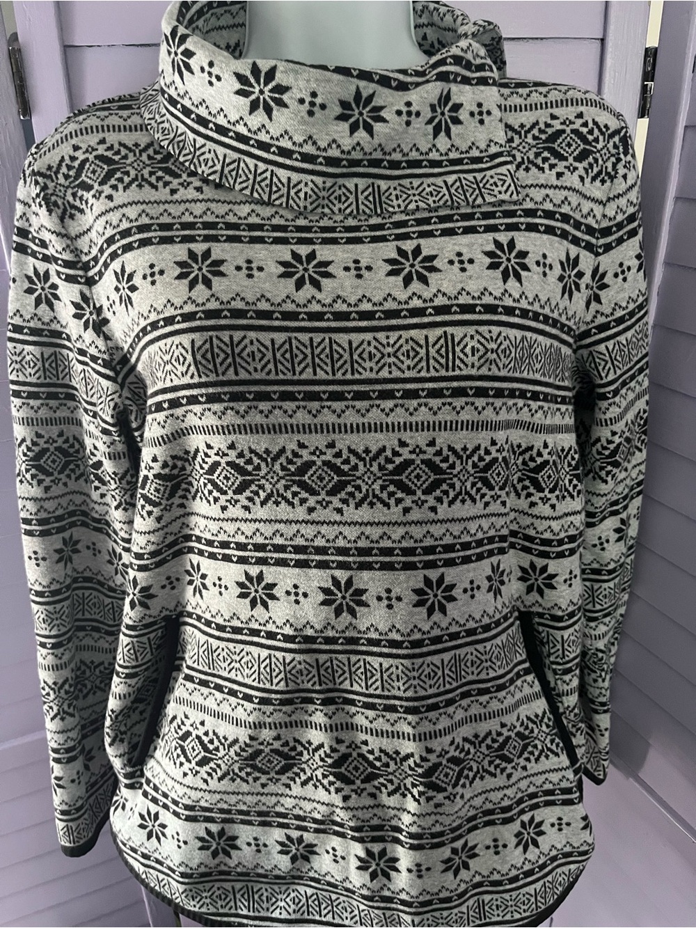 T for Talbots Cozy Black & White Fair Isle Funnel Neck Sweater